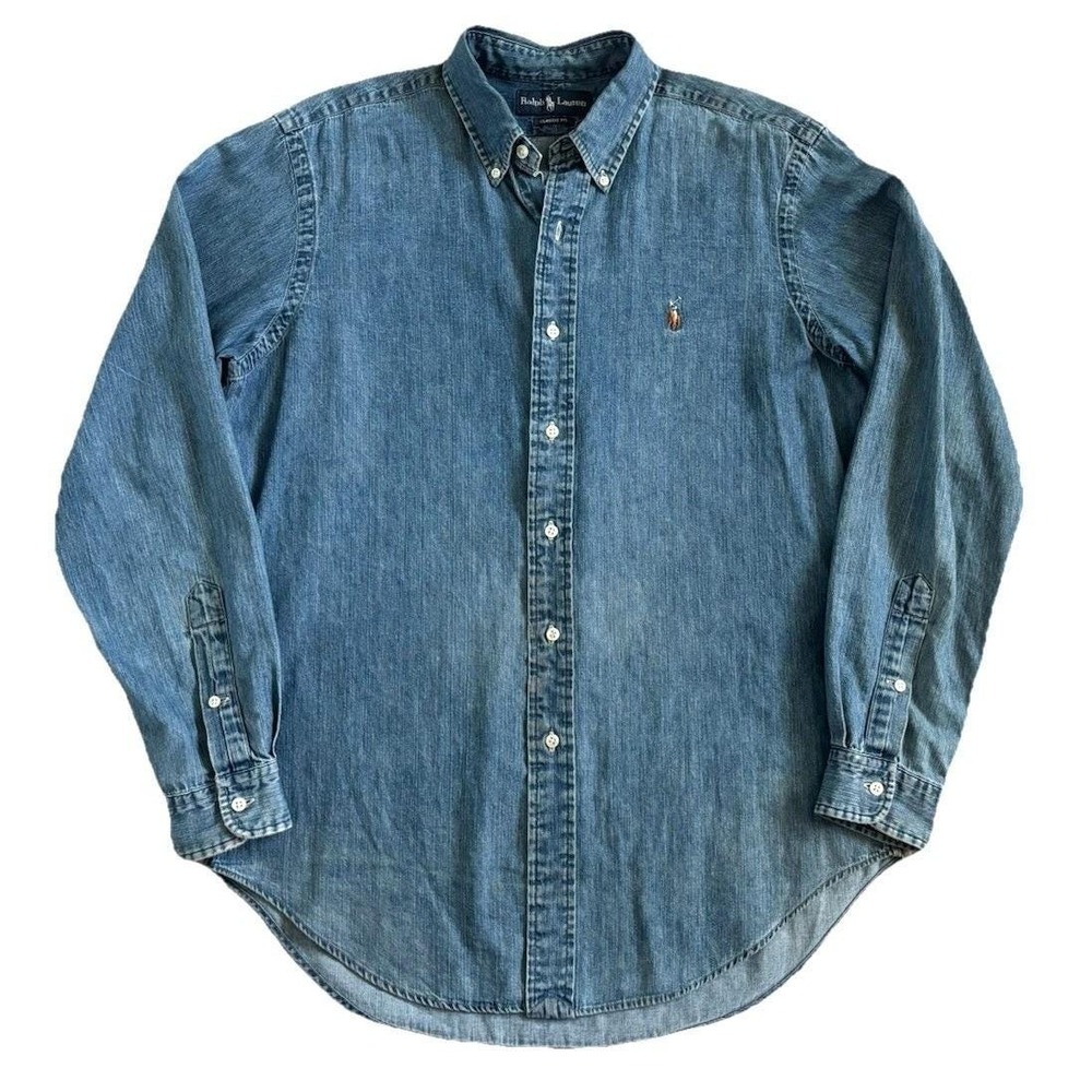 Vtg Polo Ralph Lauren Classic Fit Button Denim Shirt Men M Blue 100% Cotton Pony